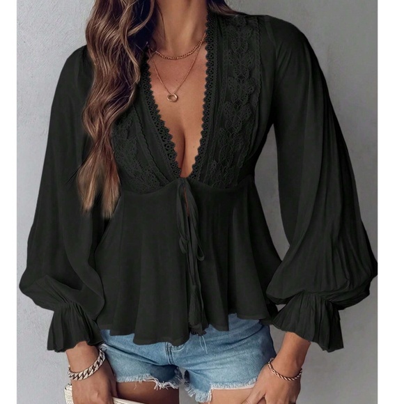 Boho Butterfly Embroidered Front Tie V neck Flounce sleeve Blouse - Picture 2 of 8